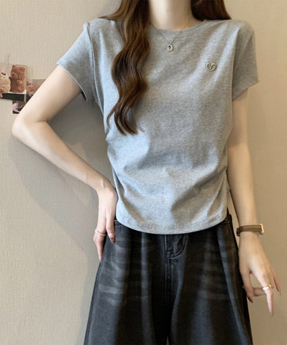 ハート刺繍 シャーリング クルーネック 半袖 Tシャツ