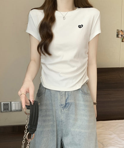 ハート刺繍 シャーリング クルーネック 半袖 Tシャツ