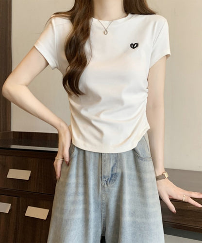 ハート刺繍 シャーリング クルーネック 半袖 Tシャツ