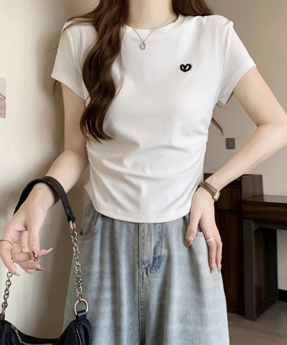 ハート刺繍 シャーリング クルーネック 半袖 Tシャツ