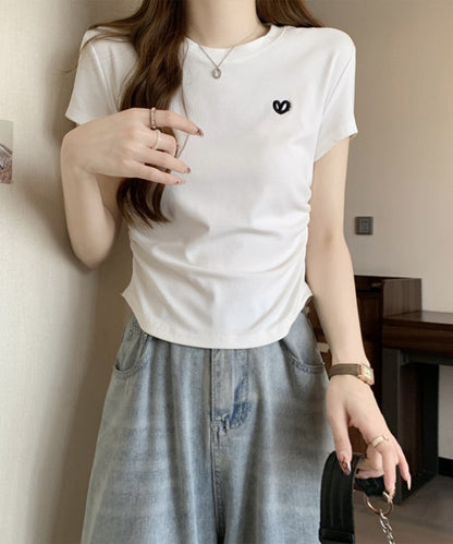 ハート刺繍 シャーリング クルーネック 半袖 Tシャツ