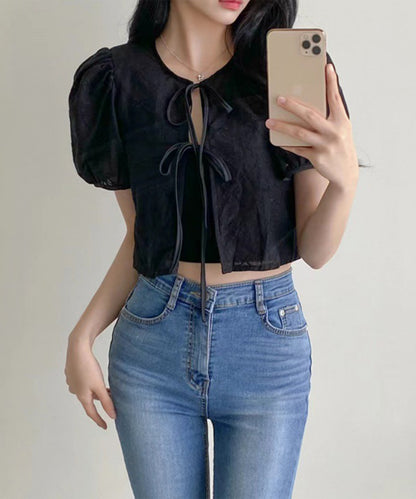 刺繍 リボン付き パフスリーブ ショート ブラウス