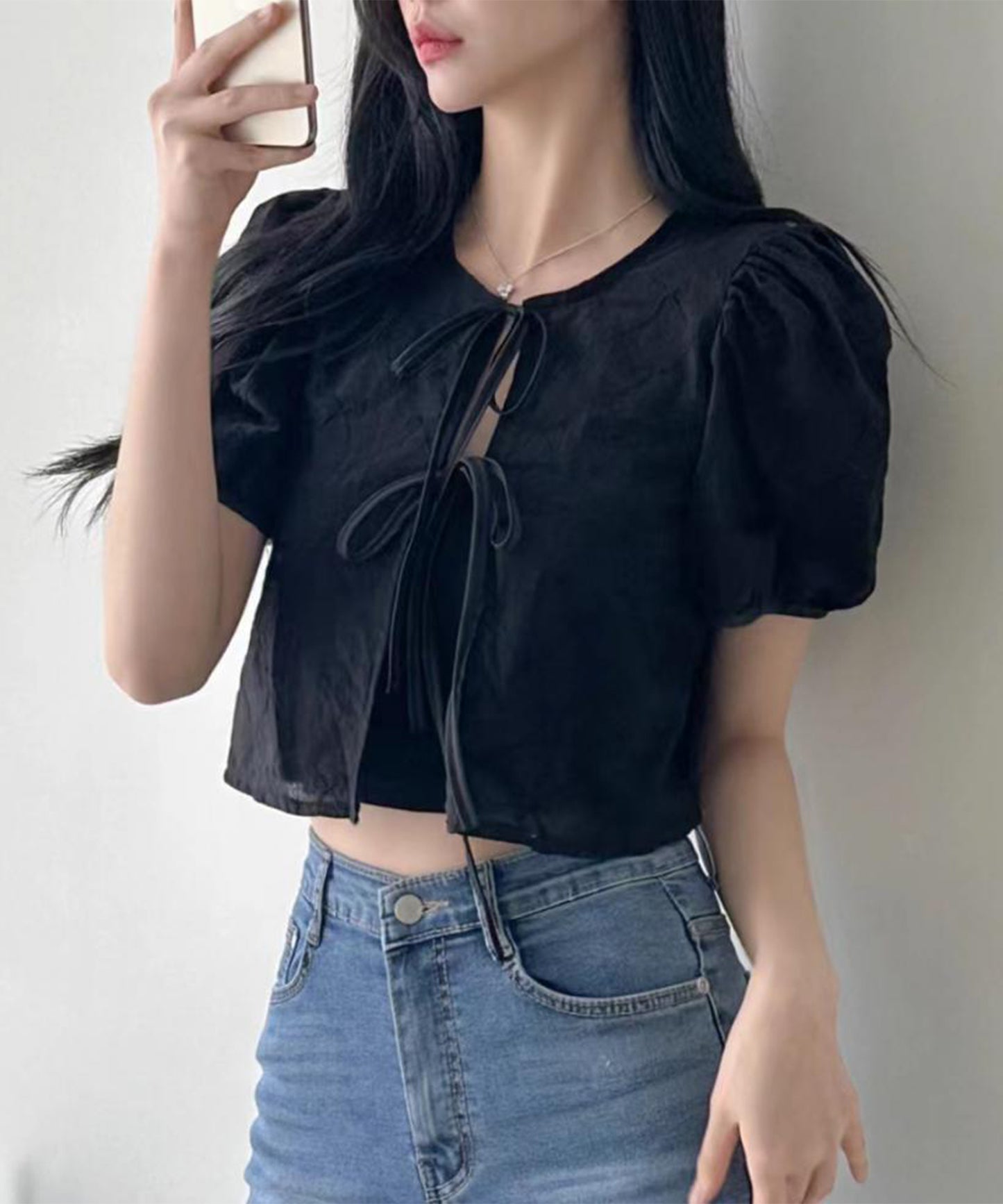 刺繍 リボン付き パフスリーブ ショート ブラウス