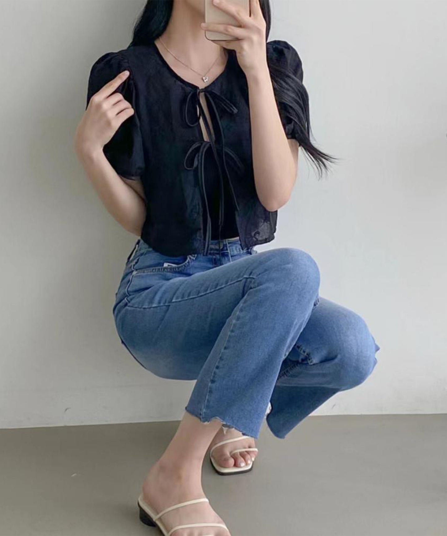 刺繍 リボン付き パフスリーブ ショート ブラウス