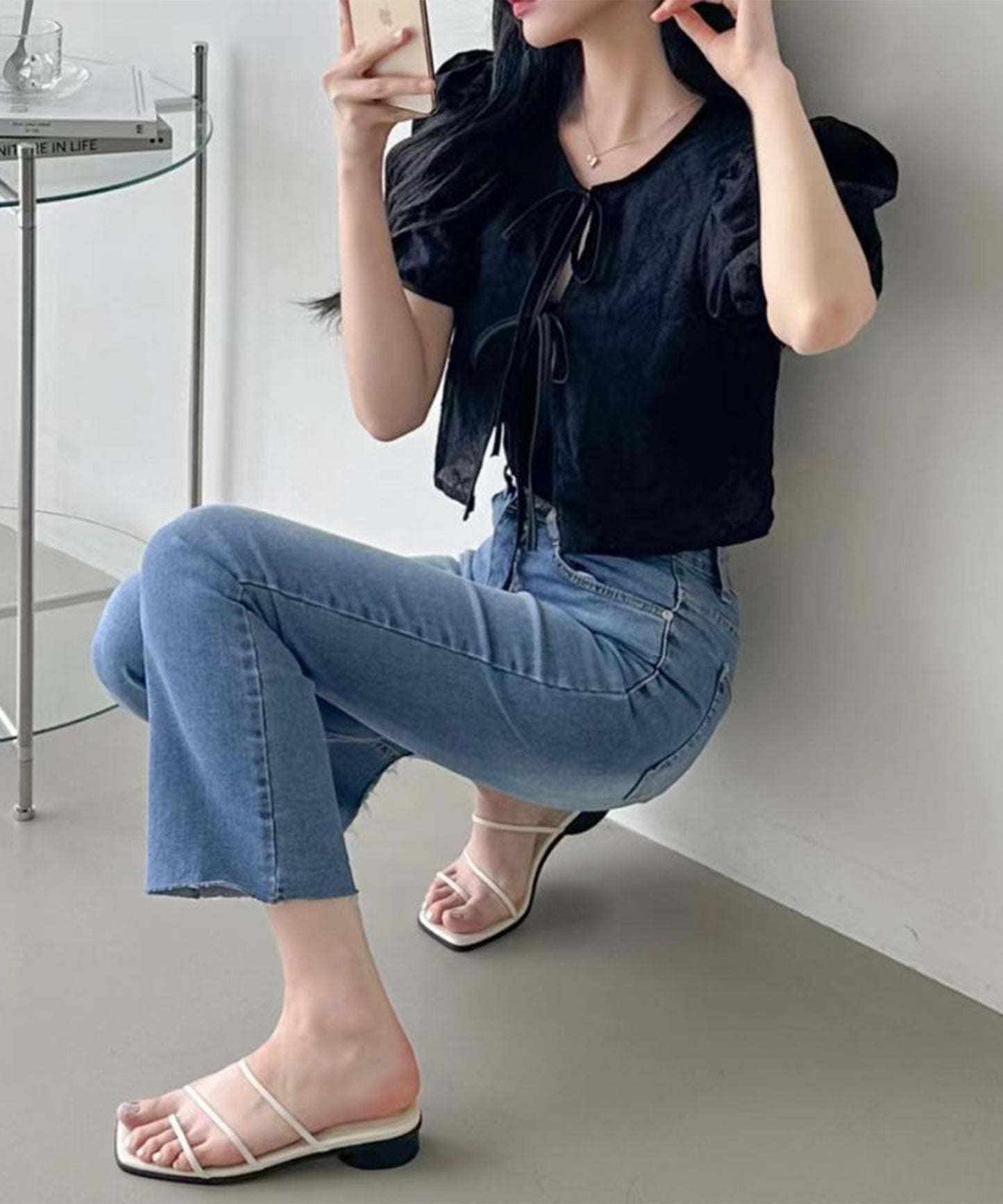 刺繍 リボン付き パフスリーブ ショート ブラウス