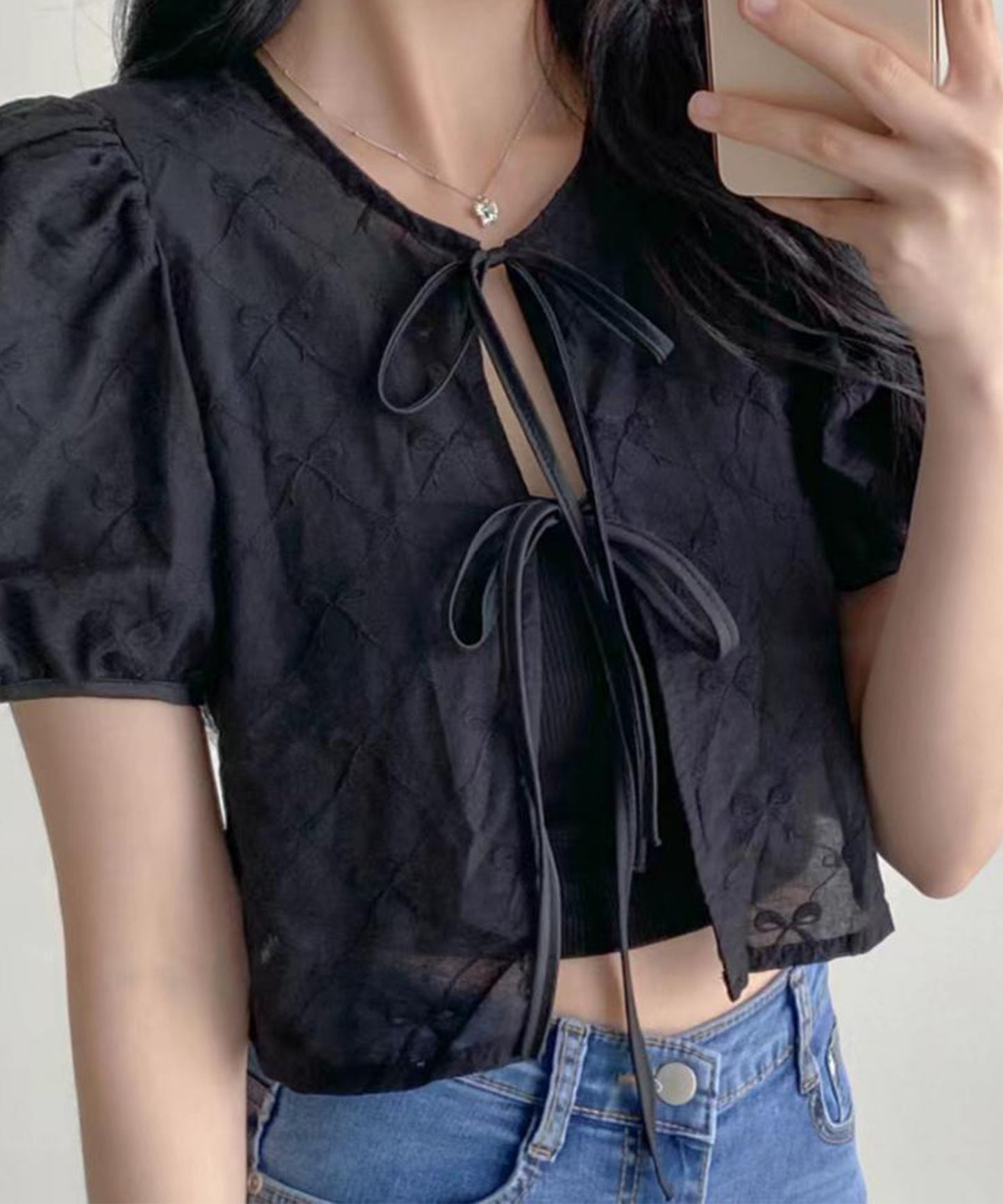 刺繍 リボン付き パフスリーブ ショート ブラウス