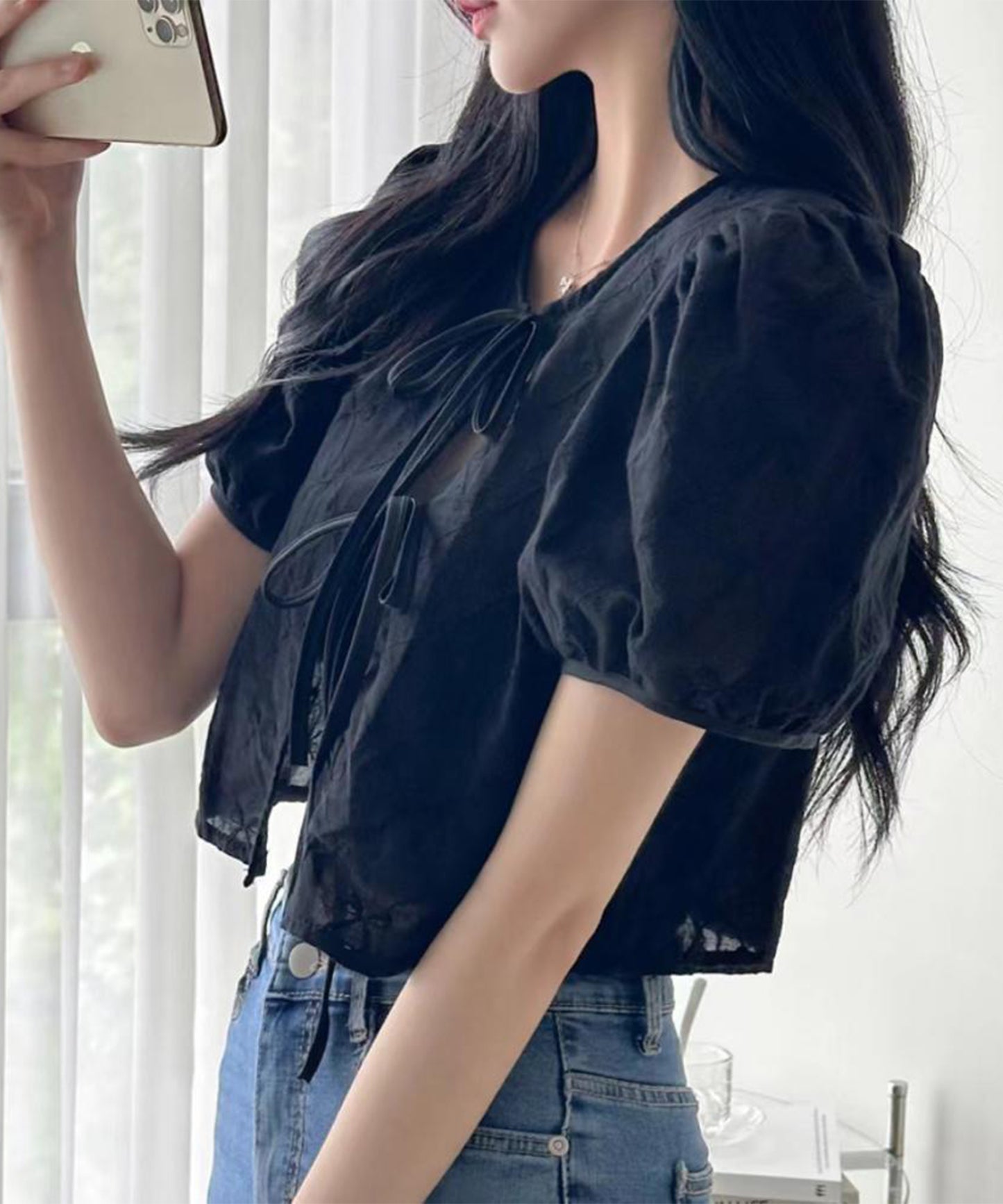 刺繍 リボン付き パフスリーブ ショート ブラウス