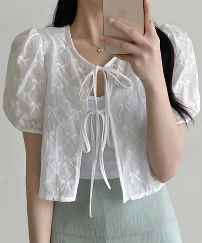 刺繍 リボン付き パフスリーブ ショート ブラウス