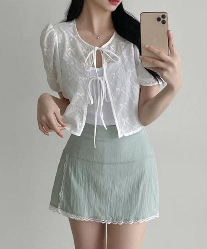 刺繍 リボン付き パフスリーブ ショート ブラウス