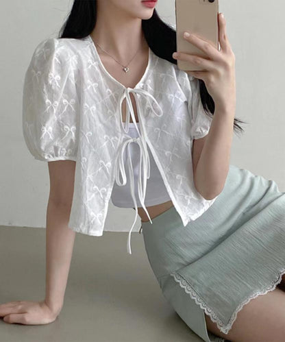 刺繍 リボン付き パフスリーブ ショート ブラウス