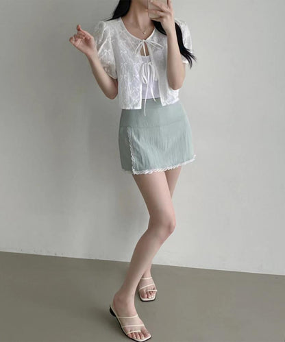 刺繍 リボン付き パフスリーブ ショート ブラウス