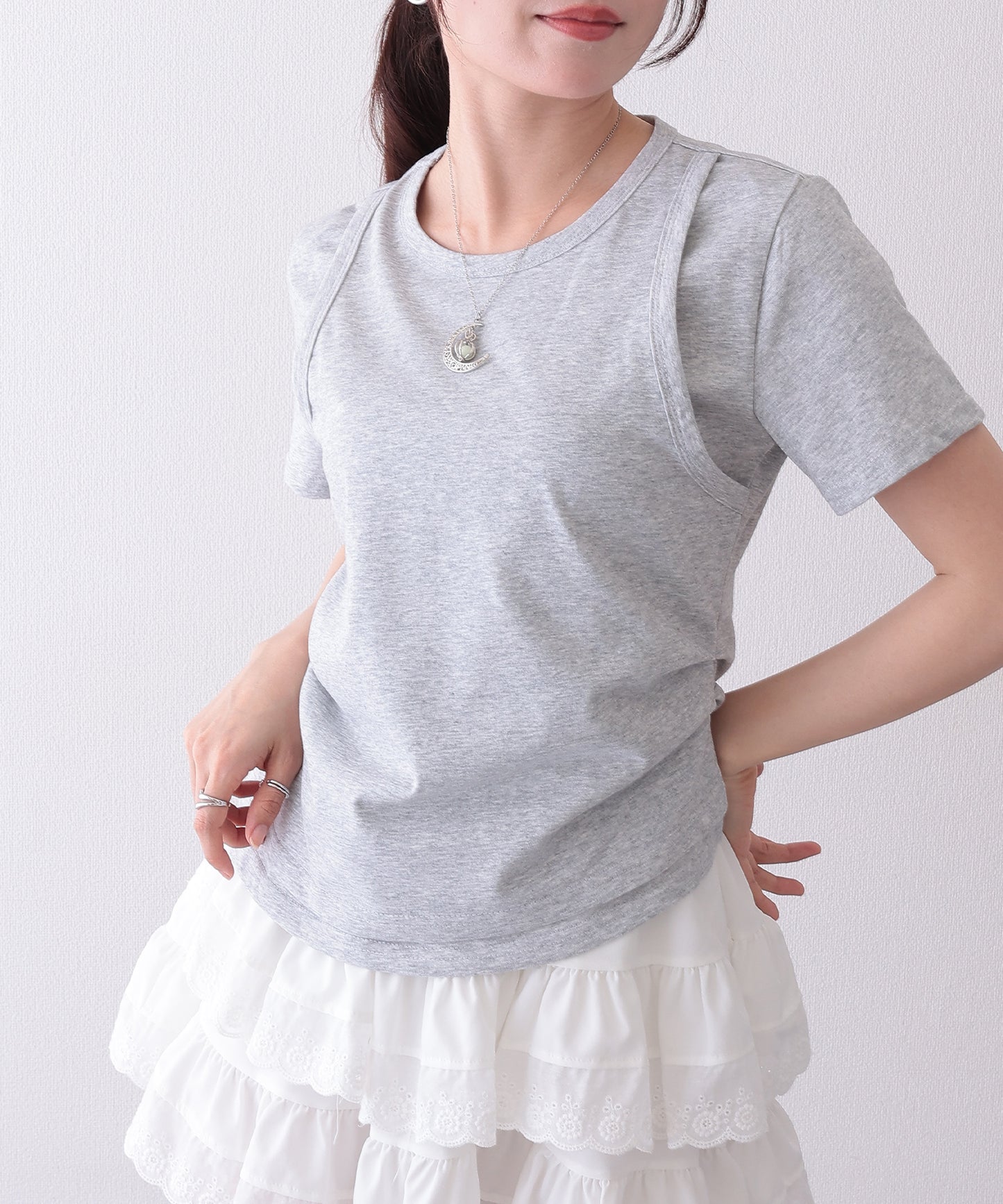 ソリッドカラー フェイクレイヤード クルーネック 半袖 Tシャツ
