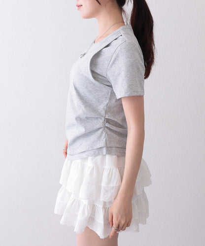 ソリッドカラー フェイクレイヤード クルーネック 半袖 Tシャツ