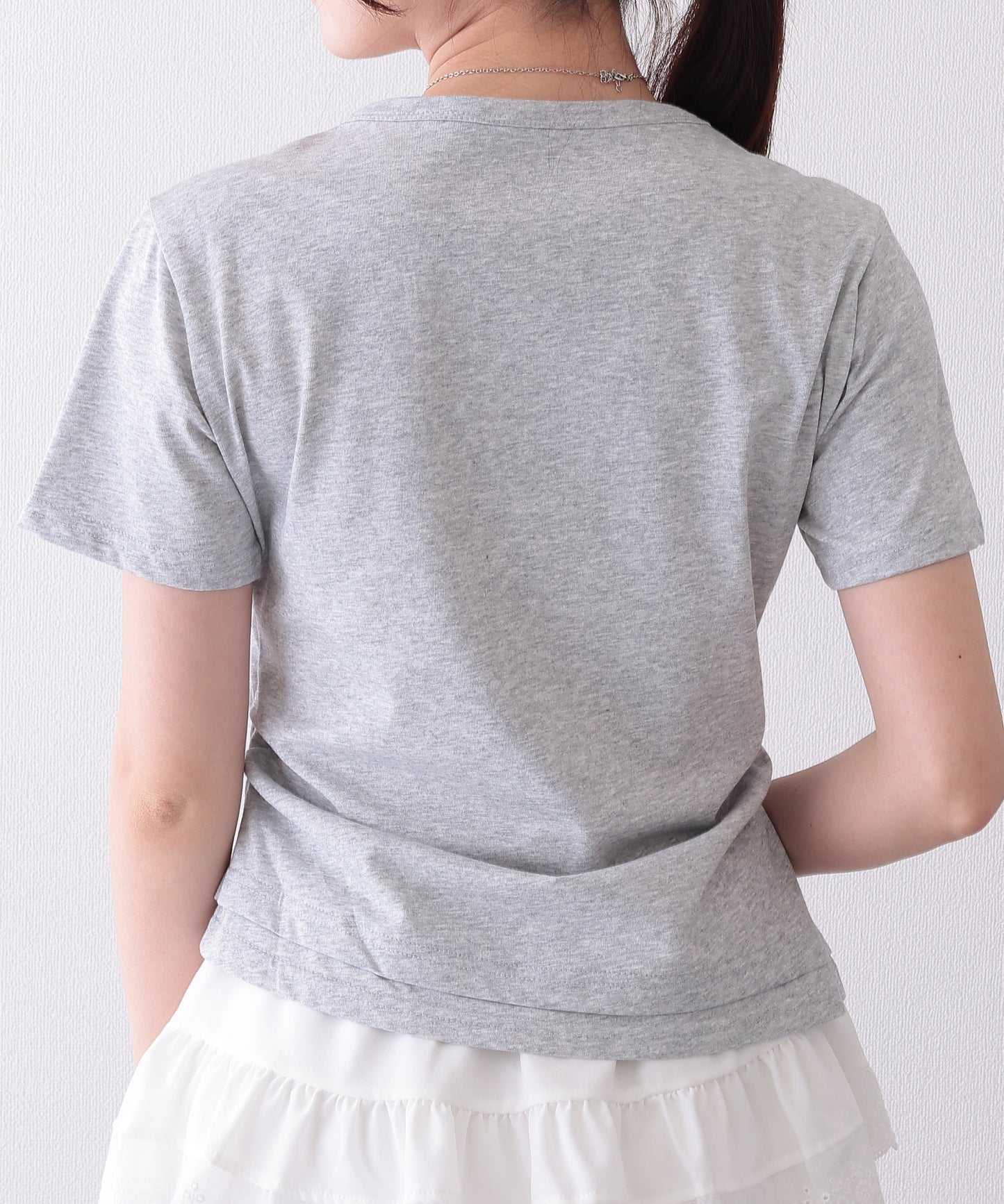ソリッドカラー フェイクレイヤード クルーネック 半袖 Tシャツ