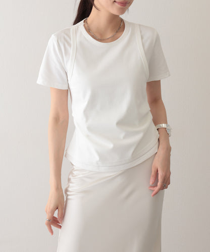 ソリッドカラー フェイクレイヤード クルーネック 半袖 Tシャツ