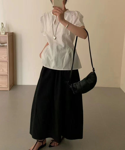 スキッパーネック ペプラム 半袖 タック ハートネックレス ブラウス