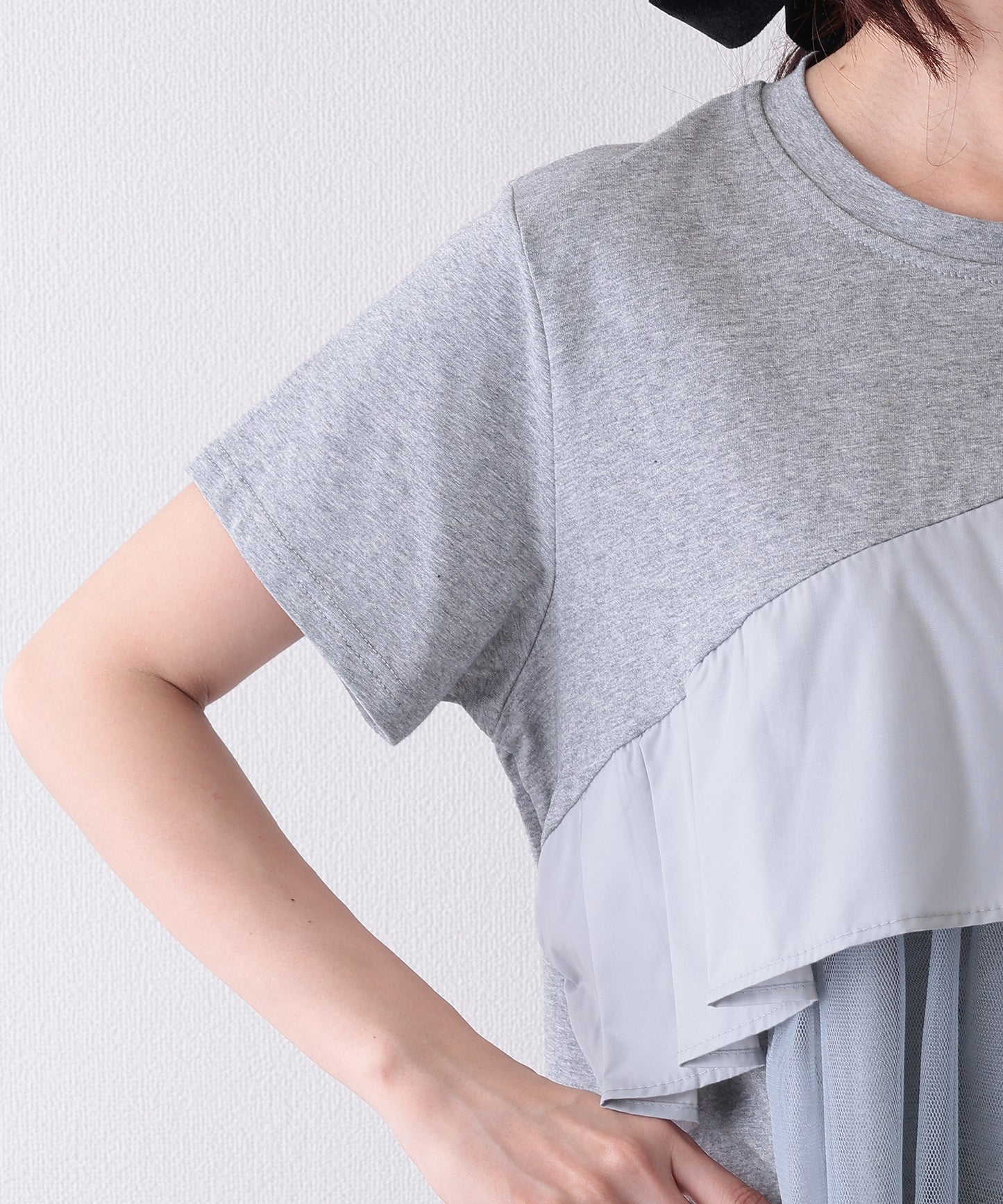 異素材 タックフリル チュール ドッキング 半袖 Tシャツ