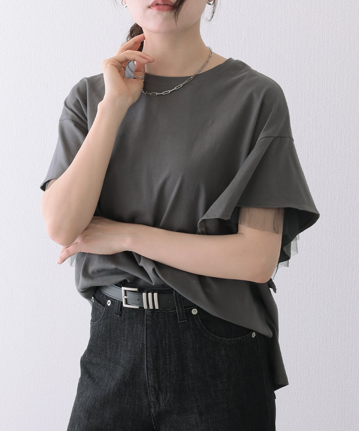フリルショルダー チュール ドッキング オーバーサイズ 半袖 Tシャツ