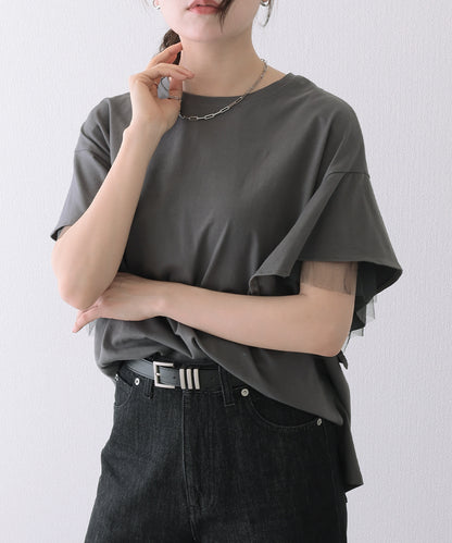 フリルショルダー チュール ドッキング オーバーサイズ 半袖 Tシャツ