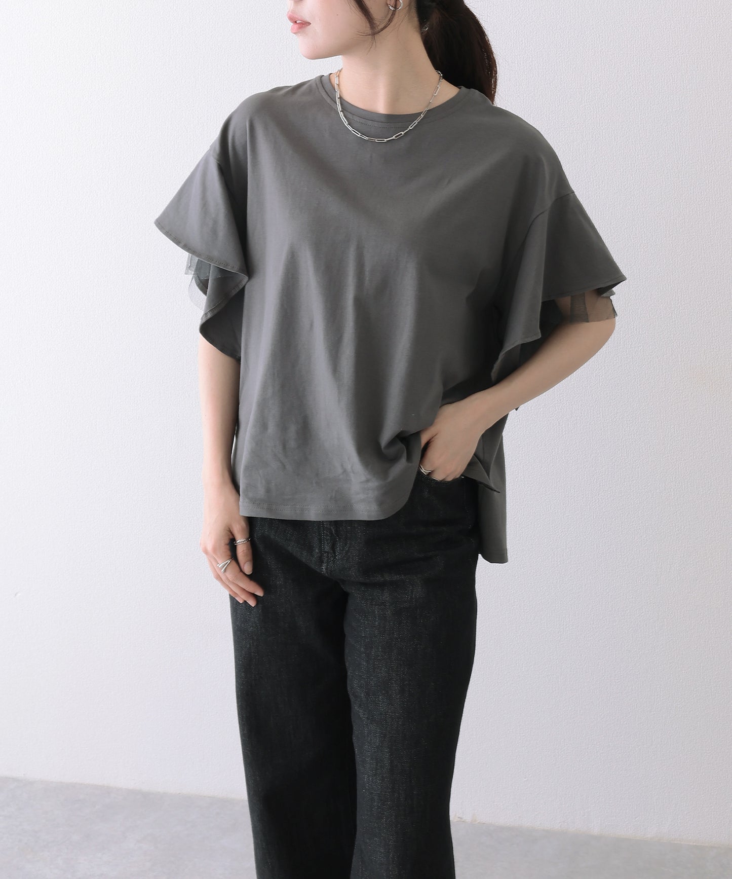 フリルショルダー チュール ドッキング オーバーサイズ 半袖 Tシャツ