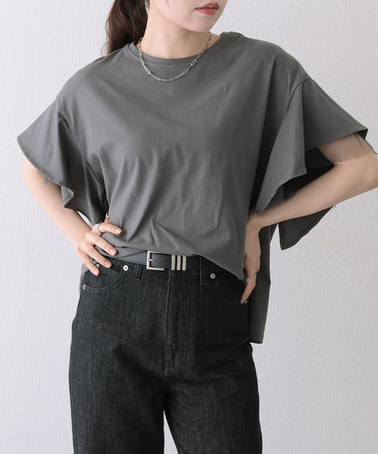 フリルショルダー チュール ドッキング オーバーサイズ 半袖 Tシャツ