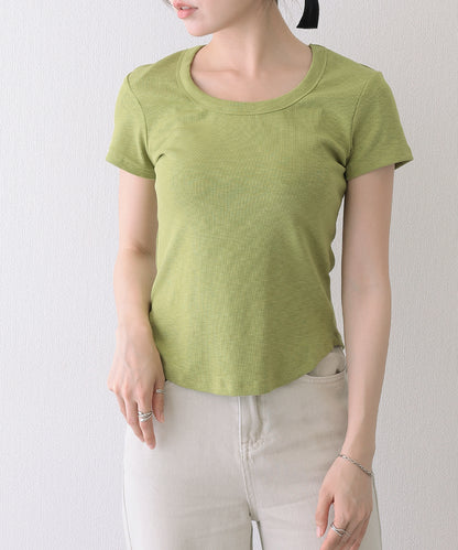 ラウンドネック バック カットアウト 半袖 Tシャツ