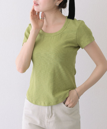 ラウンドネック バック カットアウト 半袖 Tシャツ