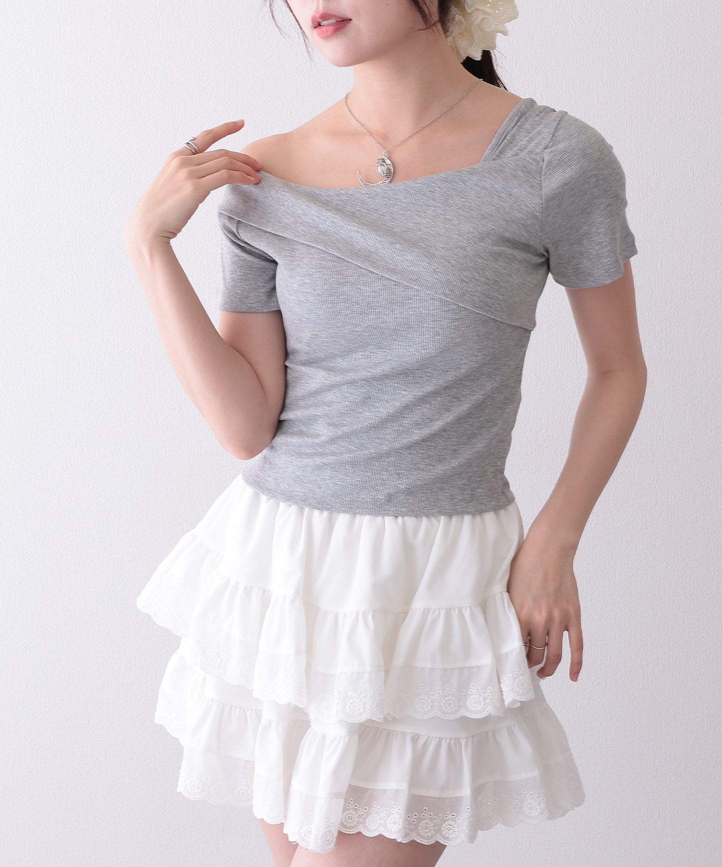 2WAY ワンショルダー アシンメトリー 半袖 リブ カットソー