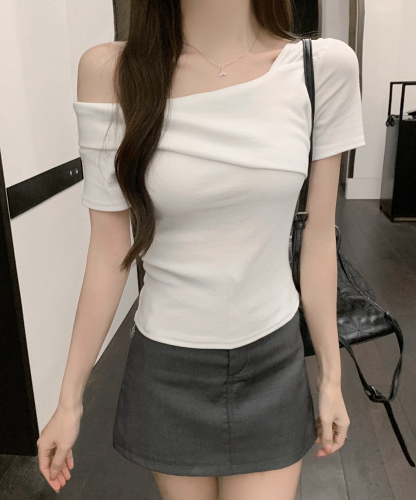 2WAY ワンショルダー アシンメトリー 半袖 リブ カットソー
