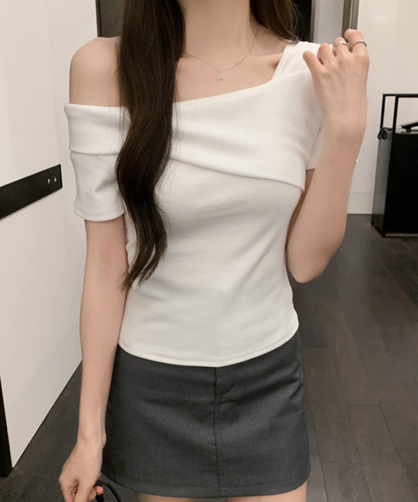 2WAY ワンショルダー アシンメトリー 半袖 リブ カットソー