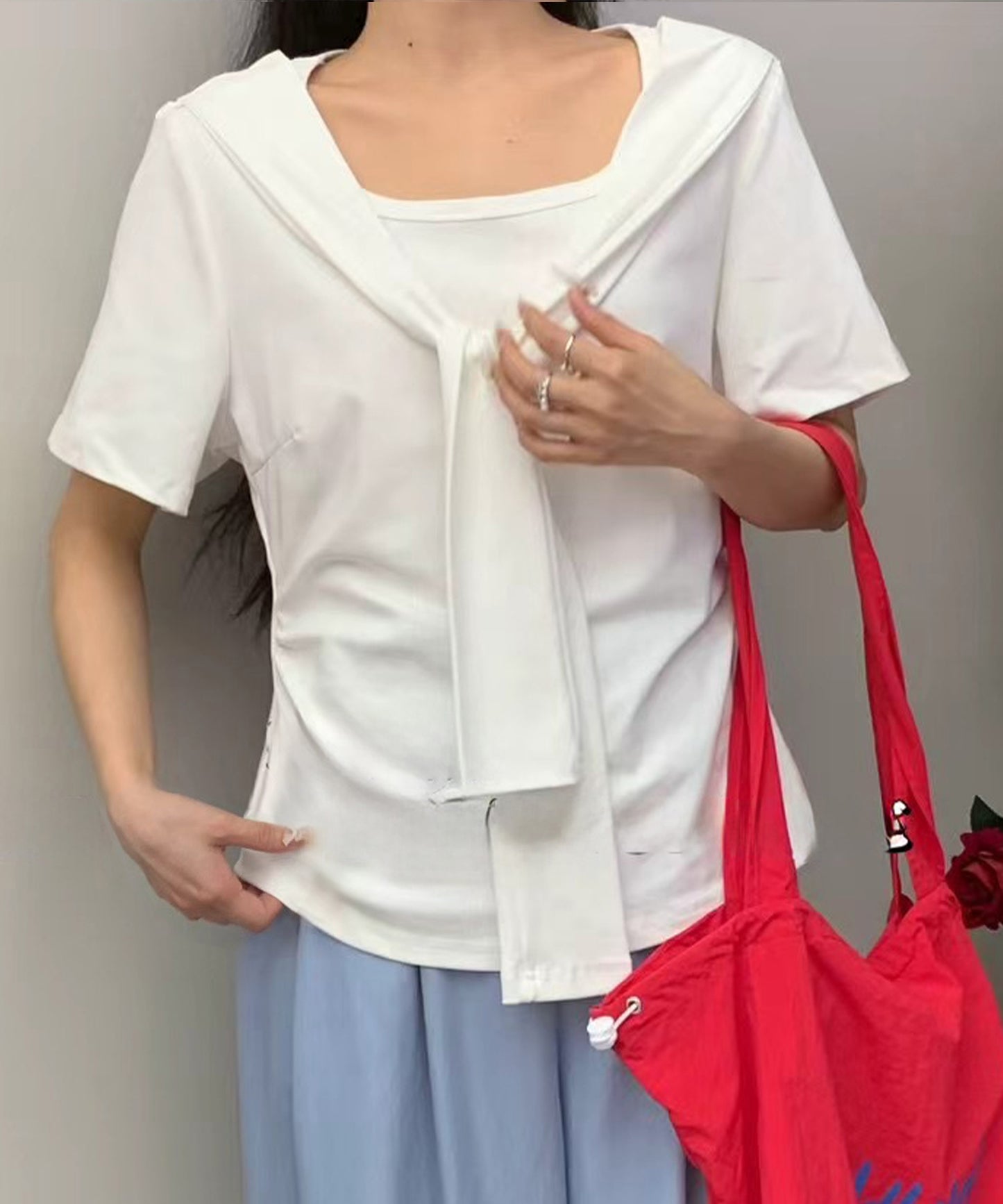 ボウタイ リボン クルーネック 半袖 Tシャツ