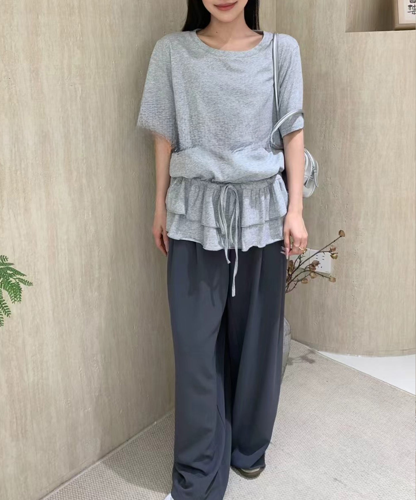 ウエスト ティアード フリル ドロスト 半袖 Tシャツ