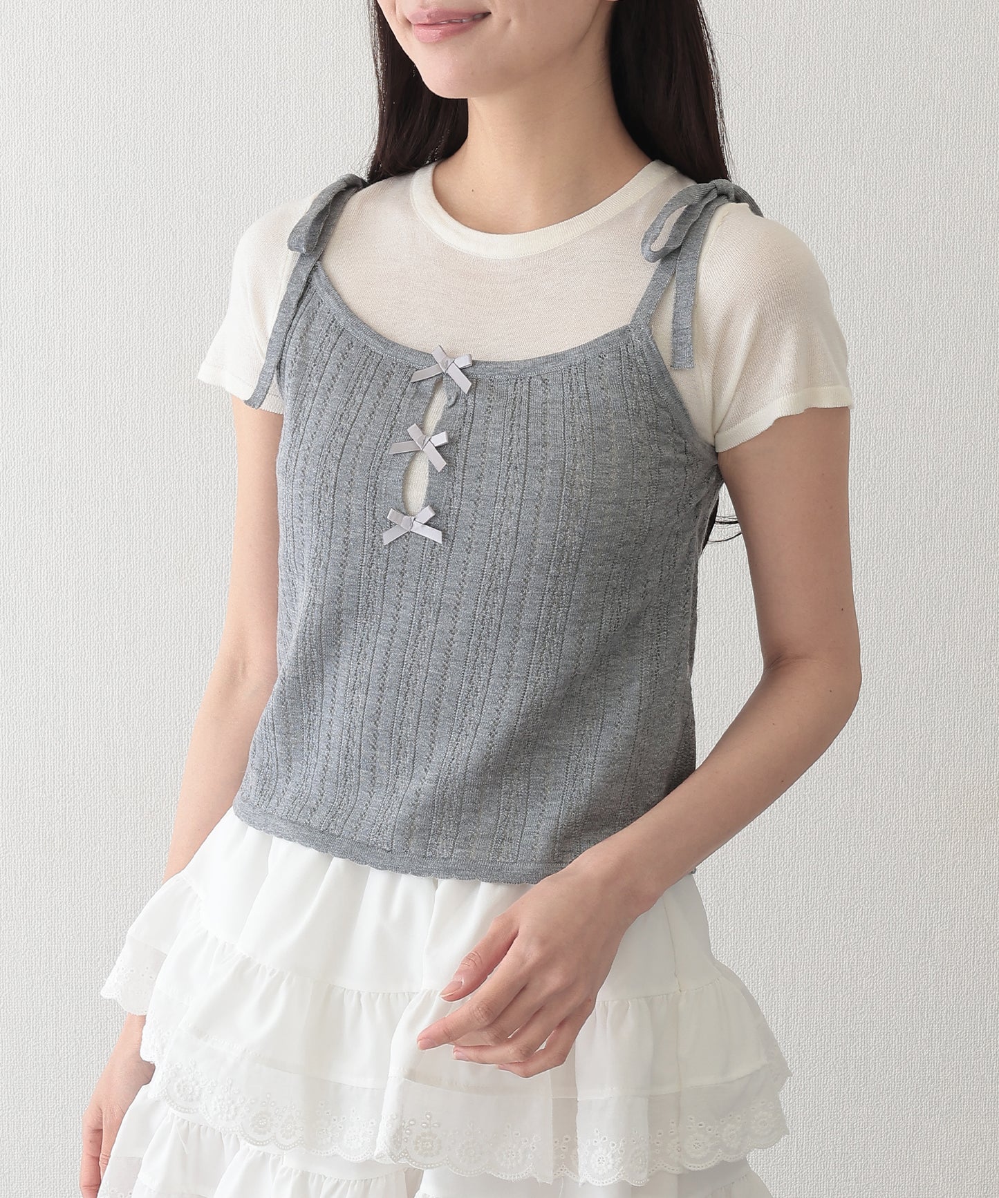 リボン付き キャミソール ドッキング 半袖 Tシャツ