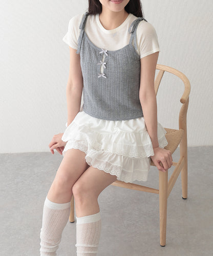 リボン付き キャミソール ドッキング 半袖 Tシャツ