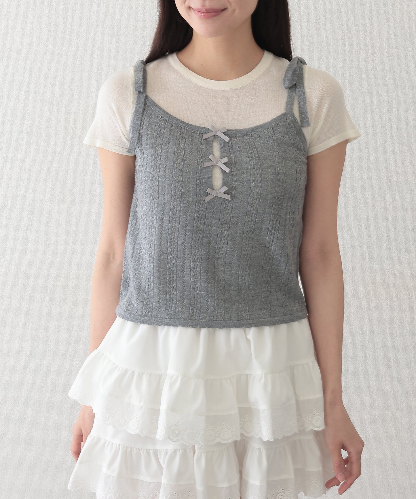 リボン付き キャミソール ドッキング 半袖 Tシャツ
