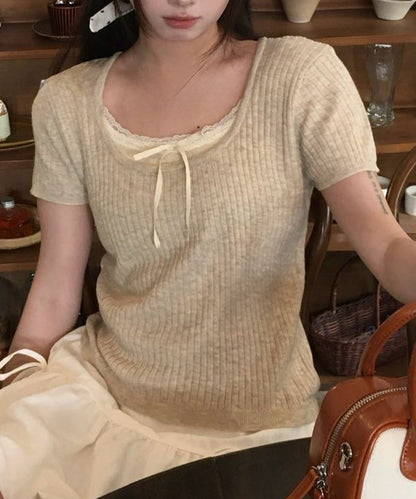 リボン付き インナー ドッキング 半袖 リブ ニット プルオーバー