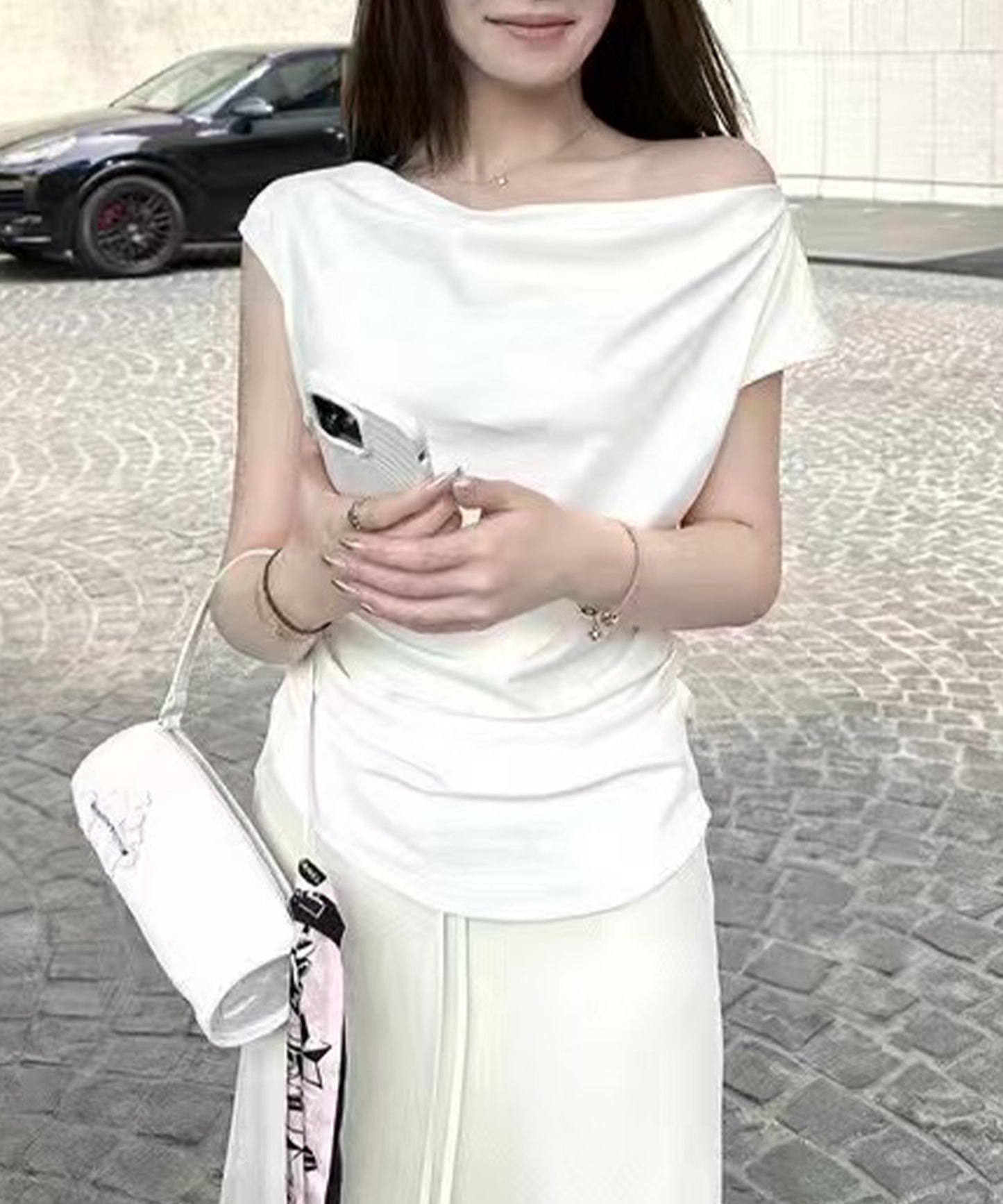 オフショルダー サイドギャザー 半袖 デザイン カットソー