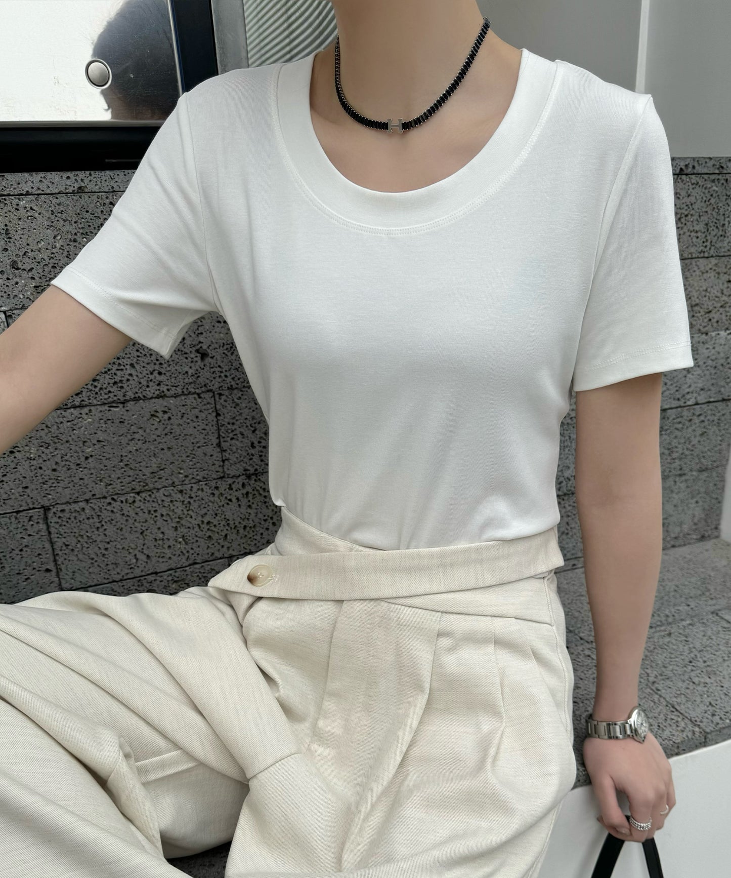 ラウンドネック ベーシック タイト 半袖 Tシャツ