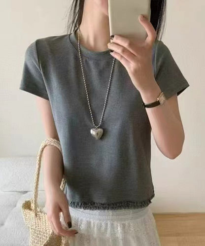 裾レース フリル クルーネック 半袖 Tシャツ