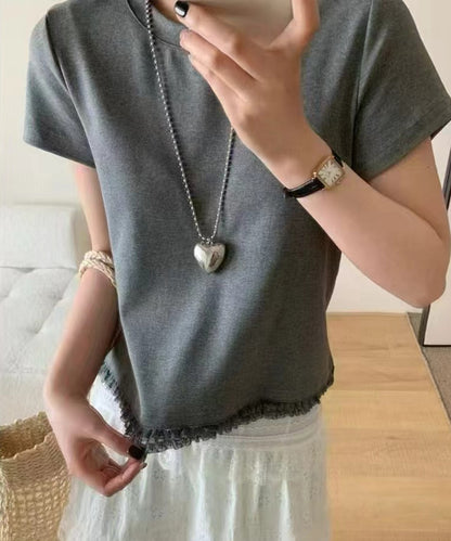 裾レース フリル クルーネック 半袖 Tシャツ