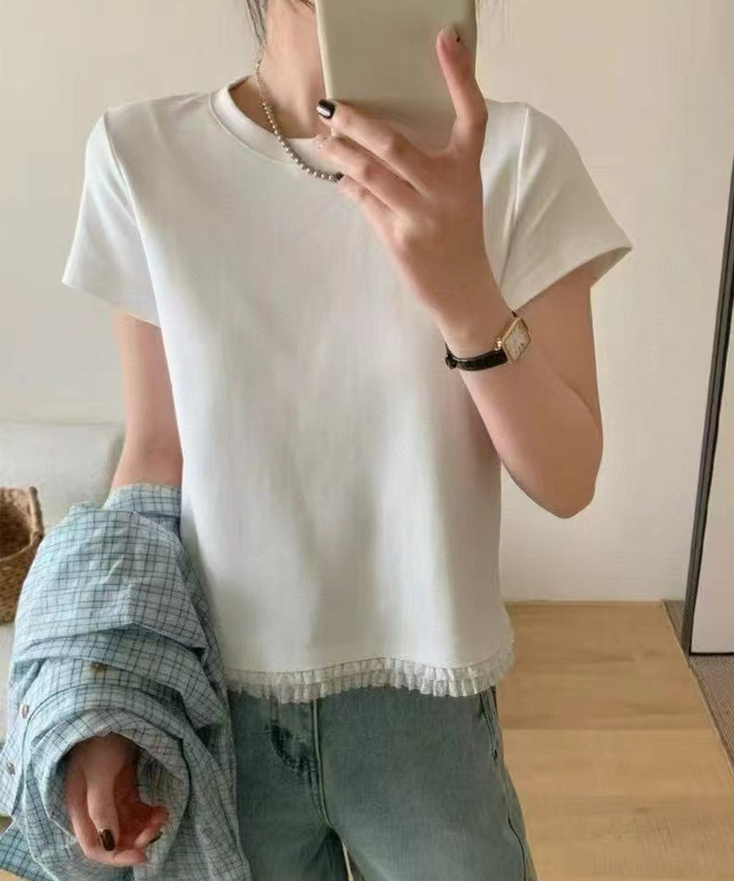 裾レース フリル クルーネック 半袖 Tシャツ