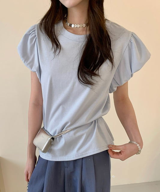 ギャザー パフスリーブ クルーネック Tシャツ トップス