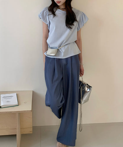 ギャザー パフスリーブ クルーネック Tシャツ トップス