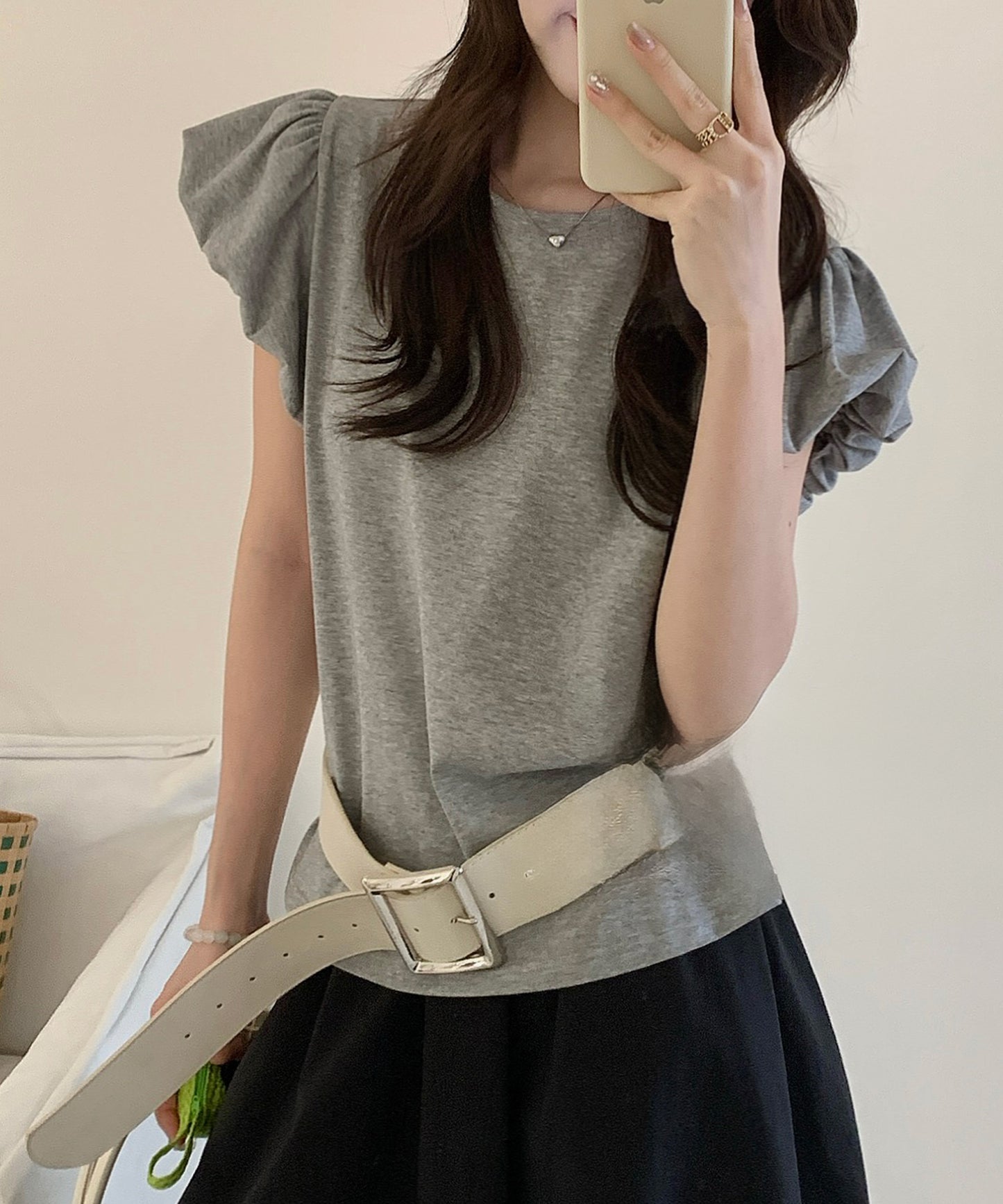 ギャザー パフスリーブ クルーネック Tシャツ トップス