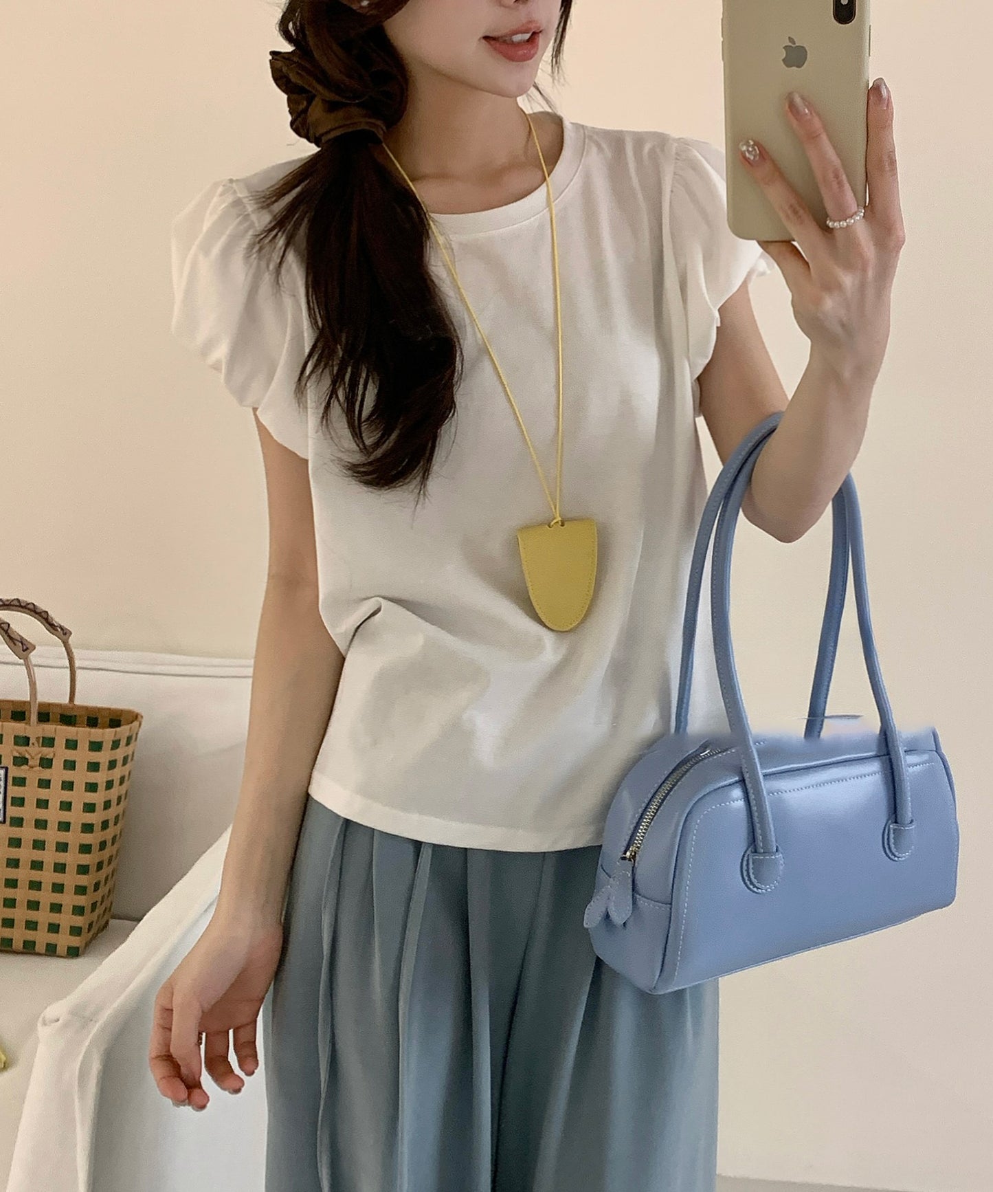 ギャザー パフスリーブ クルーネック Tシャツ トップス