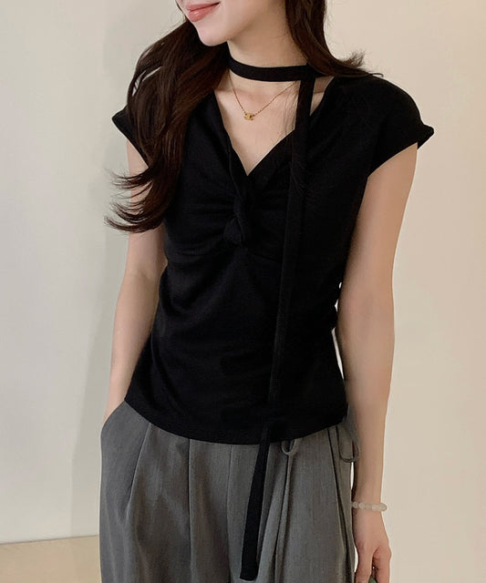 フロント ツイスト Vネック チョーカー付き カットソー