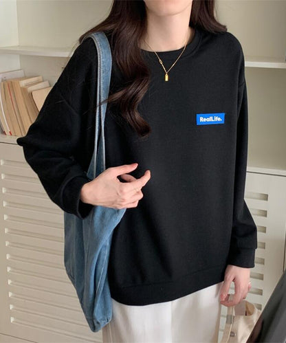 ワッフル素材 ワンポイント オーバーサイズ クルーネック プルオーバー