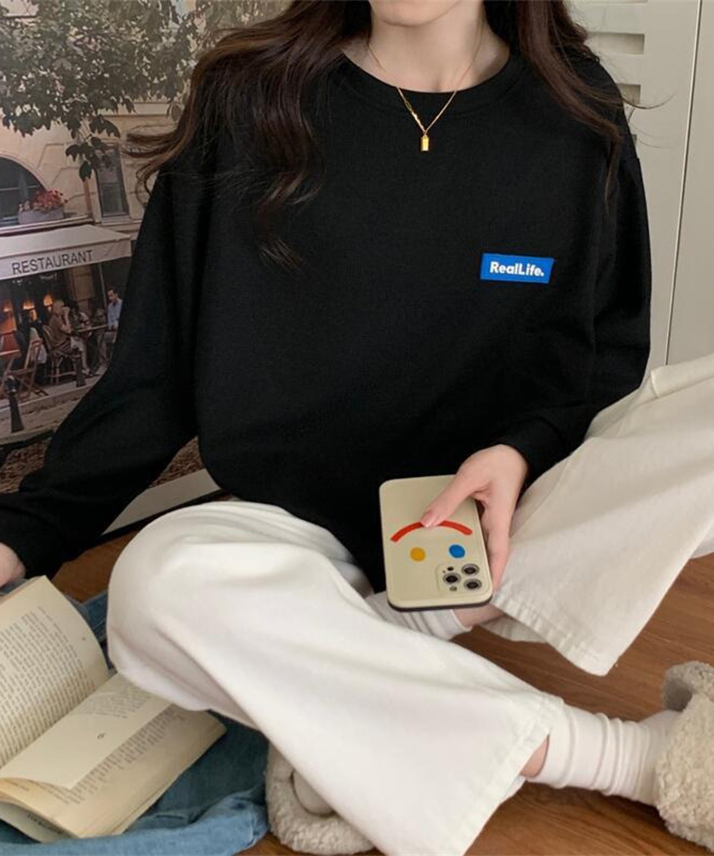 ワッフル素材 ワンポイント オーバーサイズ クルーネック プルオーバー