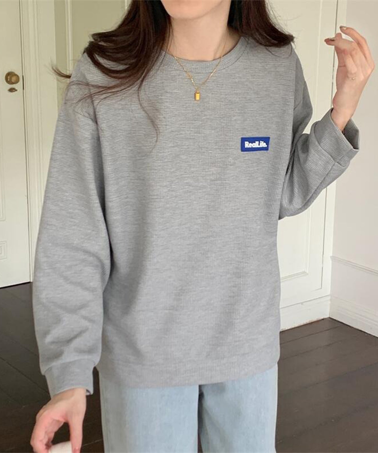 ワッフル素材 ワンポイント オーバーサイズ クルーネック プルオーバー