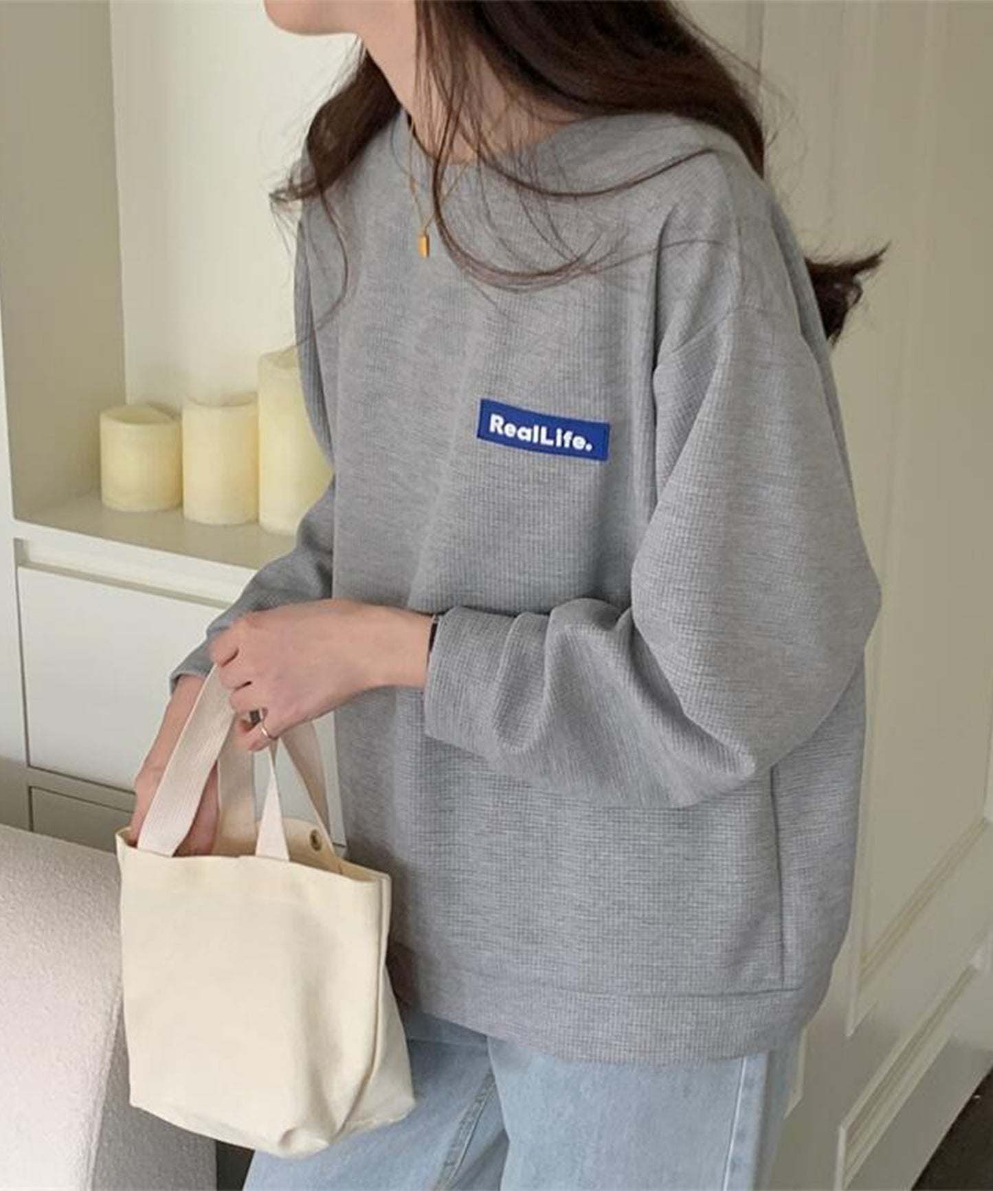 ワッフル素材 ワンポイント オーバーサイズ クルーネック プルオーバー